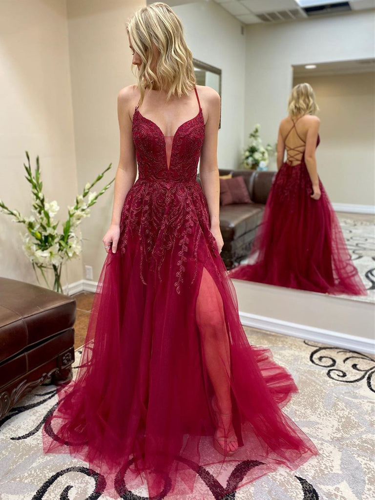 V Neck Backless Burgundy Lace Prom ...